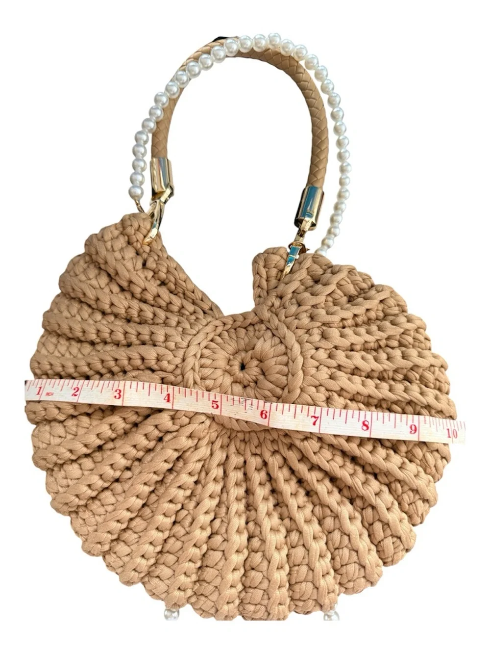 Beige Woven Round Crochet Crossbody Bag with Faux Pearl Strap - Picture 4 of 5